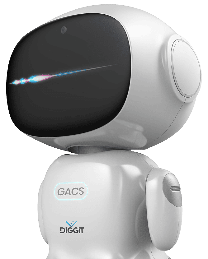 GACS — DiggitGlobal's generative AI chatbot, a playful white and blue VR-headset robot character
